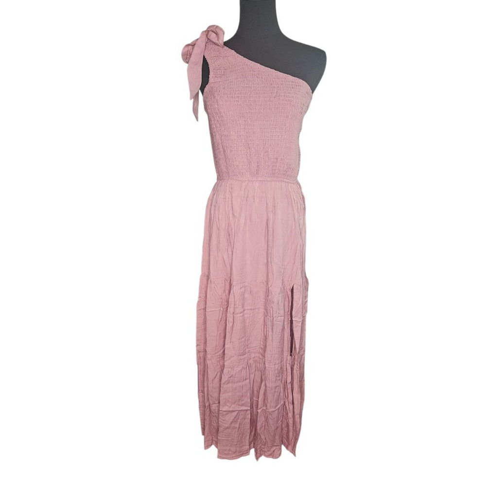 MEROKEETY Medium Pink Summer One Shoulder Sleeveless Knot Smocked Midi Dress - Picture 5 of 8